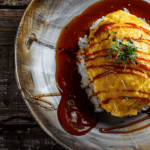 Top-down view of freshly made Omurice, Japanese omelette rice dish, with a visible ketchup swirl on top of the egg.