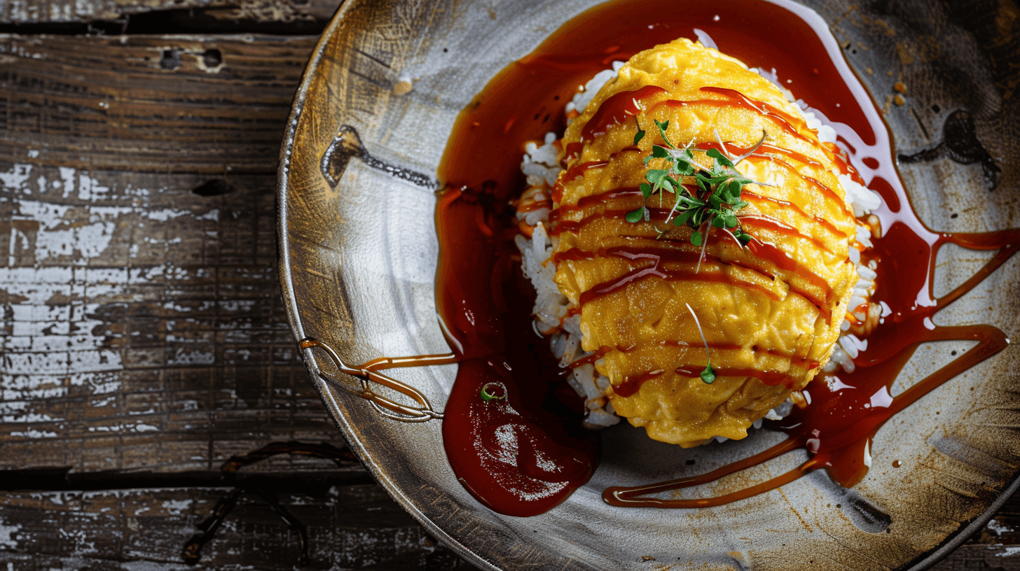 Top-down view of freshly made Omurice, Japanese omelette rice dish, with a visible ketchup swirl on top of the egg.