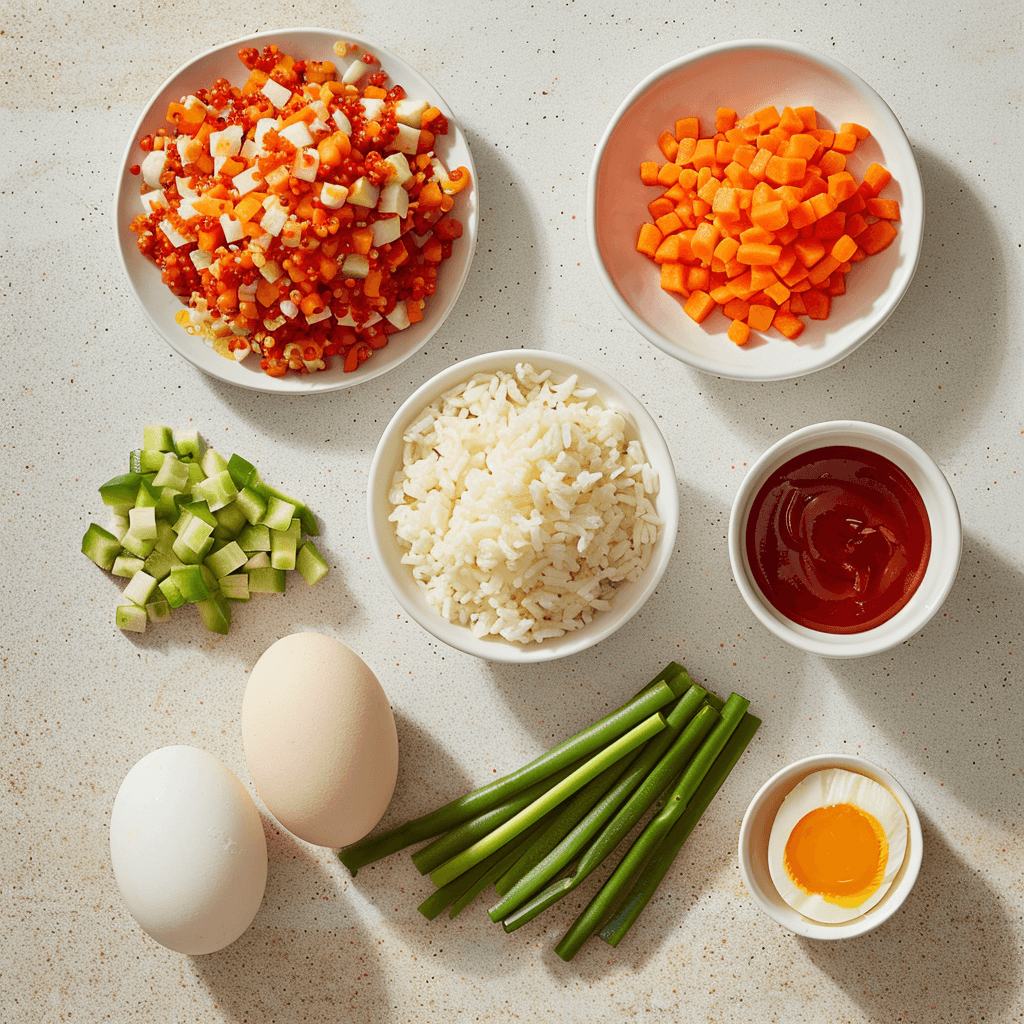 Flat lay of Omurice ingredients including rice, chicken, eggs, vegetables, and ketchup arranged neatly on a kitchen surface.