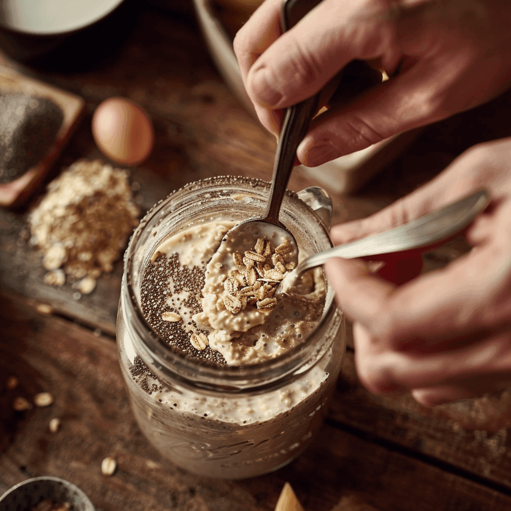Step-by-step image showing hands mixing rolled oats, milk, and chia seeds in a mason jar, ready to be refrigerated for overnight oats.