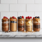 Close-up of creamy overnight oats in a glass jar topped with fresh berries and nuts. A healthy and quick breakfast idea.