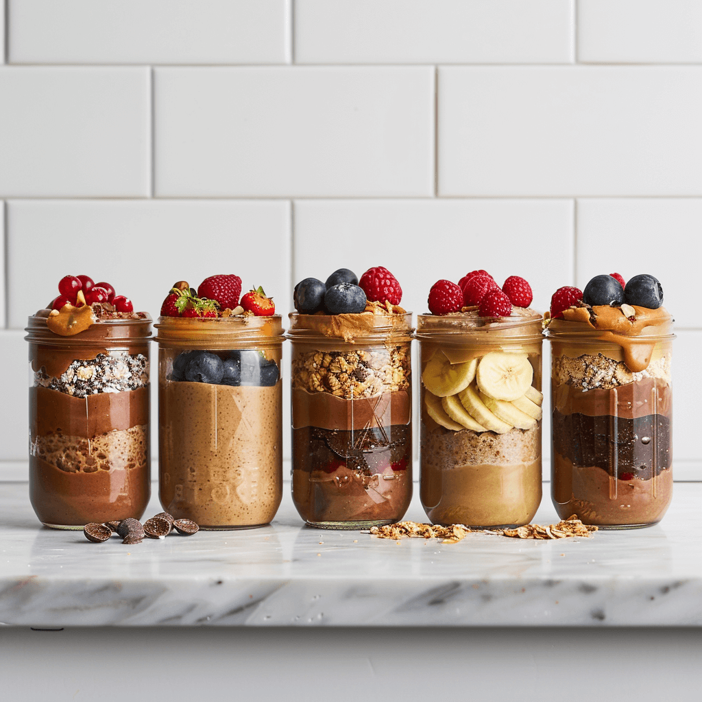 Close-up of creamy overnight oats in a glass jar topped with fresh berries and nuts. A healthy and quick breakfast idea.