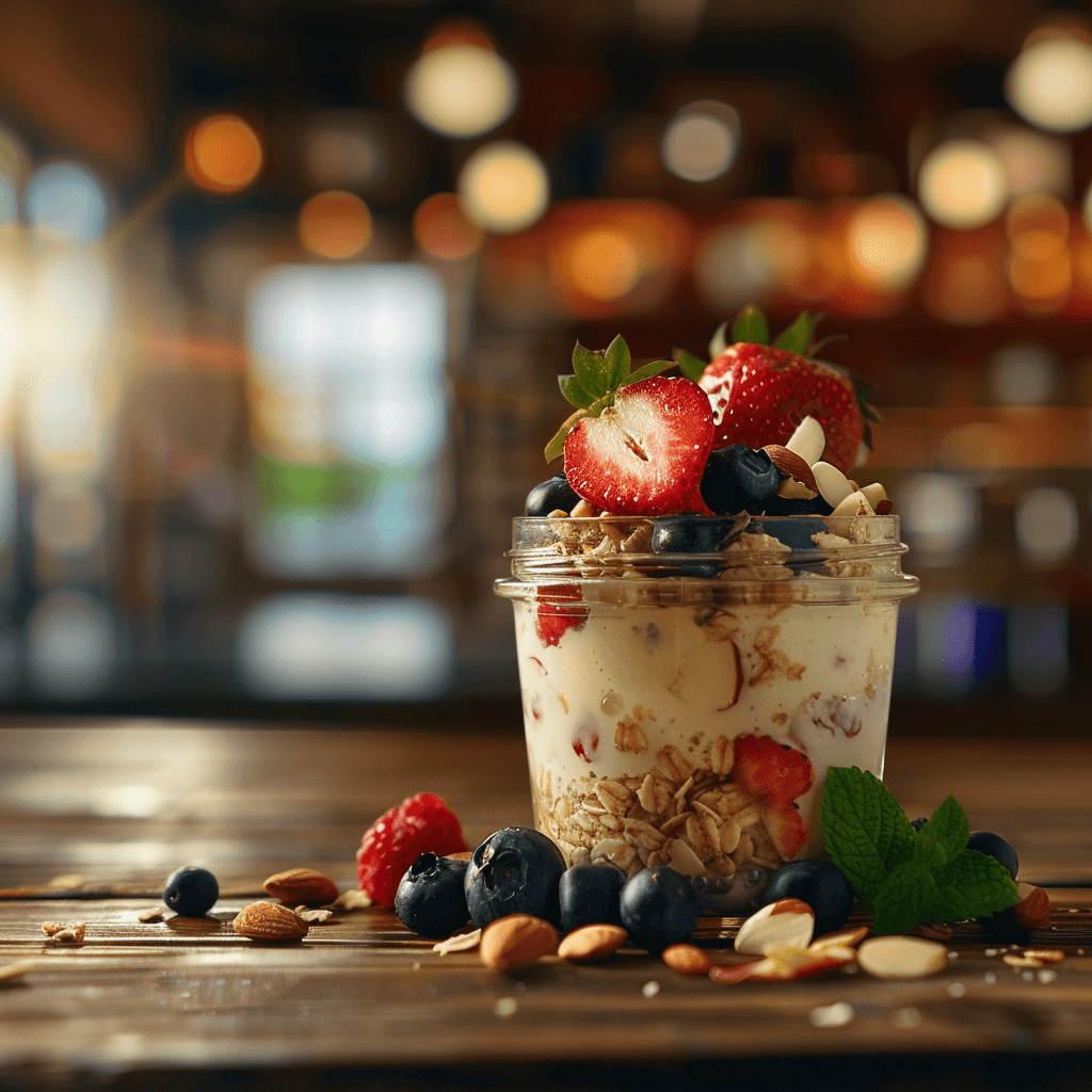 Close-up of creamy overnight oats in a glass jar topped with fresh berries and nuts