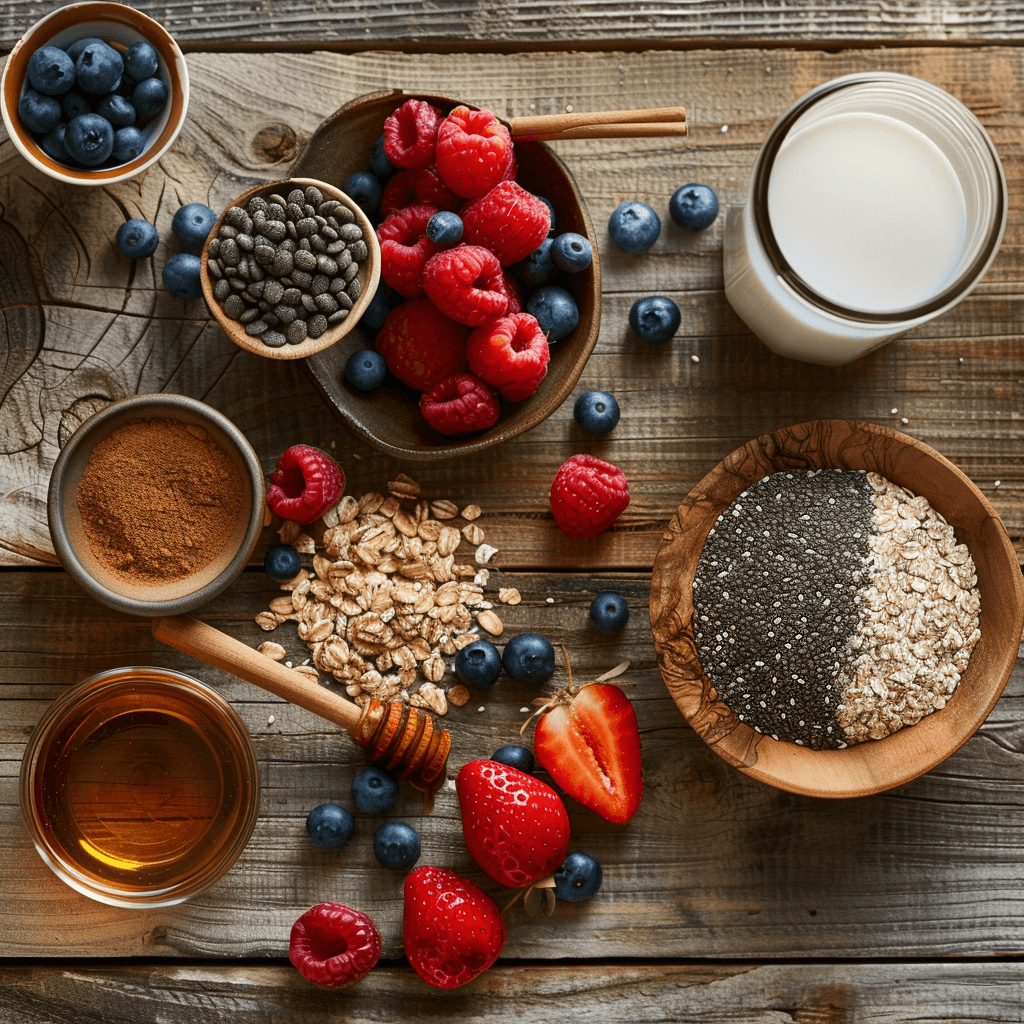 Image displaying key ingredients for overnight oats: rolled oats, milk, chia seeds, maple syrup, and fresh berries laid out on a wooden surface