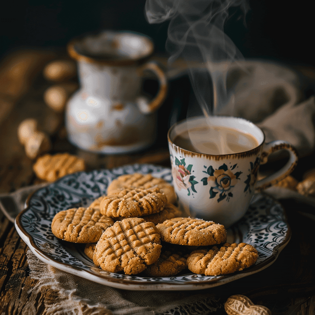 Peanut butter cookies served on a decorative plate with a cup of coffee