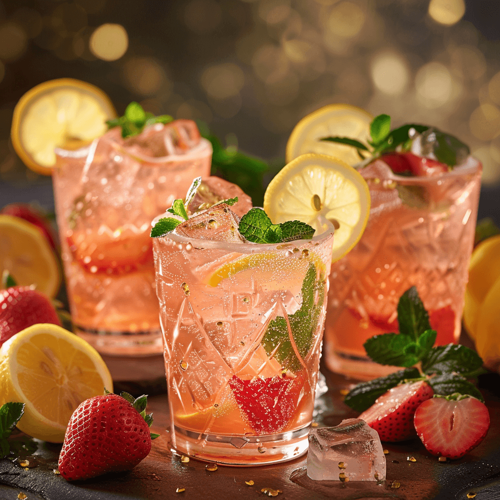 Glasses of Love Potion Pink Lemonade garnished with strawberry, lemon, and mint
