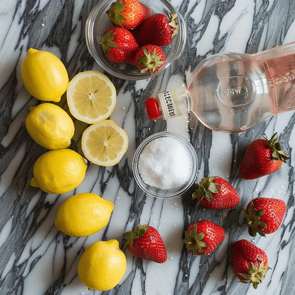 Fresh ingredients for Love Potion Pink Lemonade: lemons, strawberries, sugar, and vodka