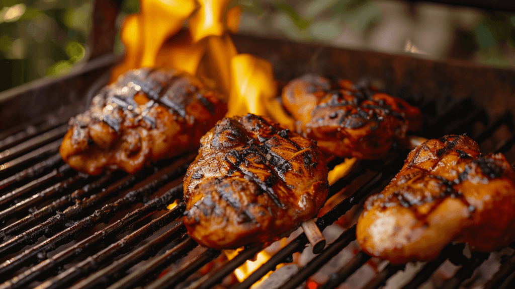 Pollo Asado grilling on a smoky grill, showcasing juicy chicken and grill marks.