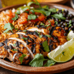 Deliciously plated Pollo Asado with rice, beans, and lime wedges.