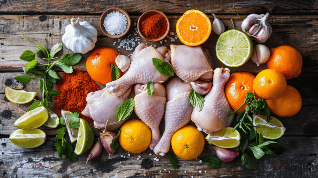 Pollo Asado ingredients: chicken, citrus fruits, achiote paste, and spices laid out.