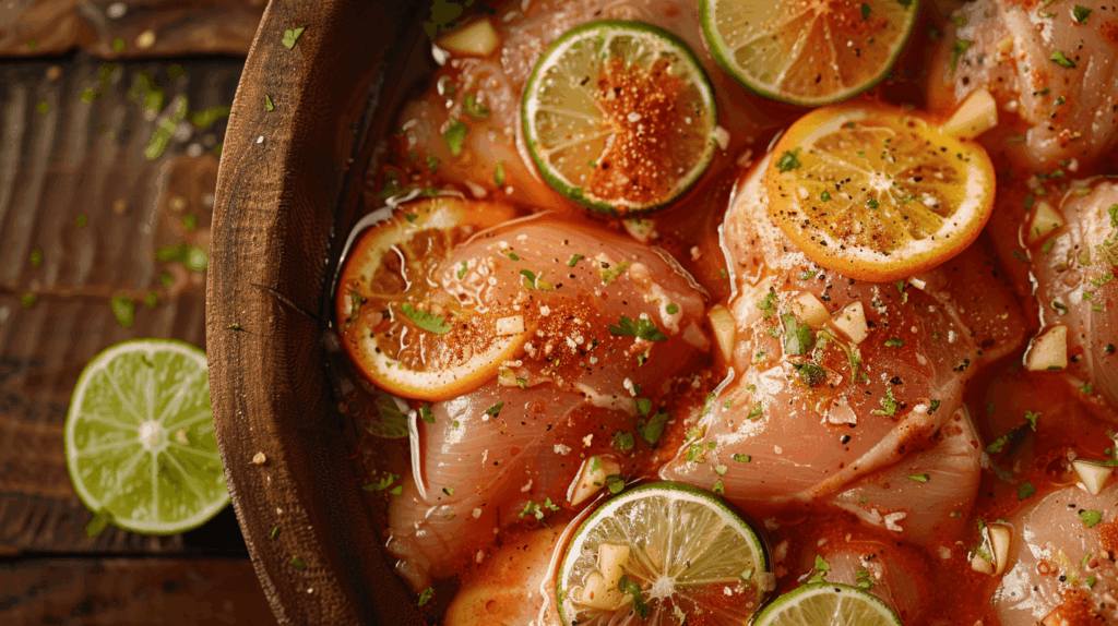 Pollo Asado chicken marinating in a vibrant citrus achiote marinade.