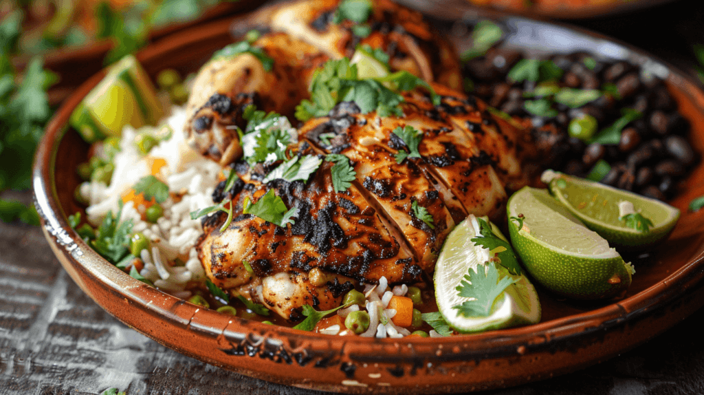 Deliciously plated Pollo Asado with rice, beans, and lime wedges.