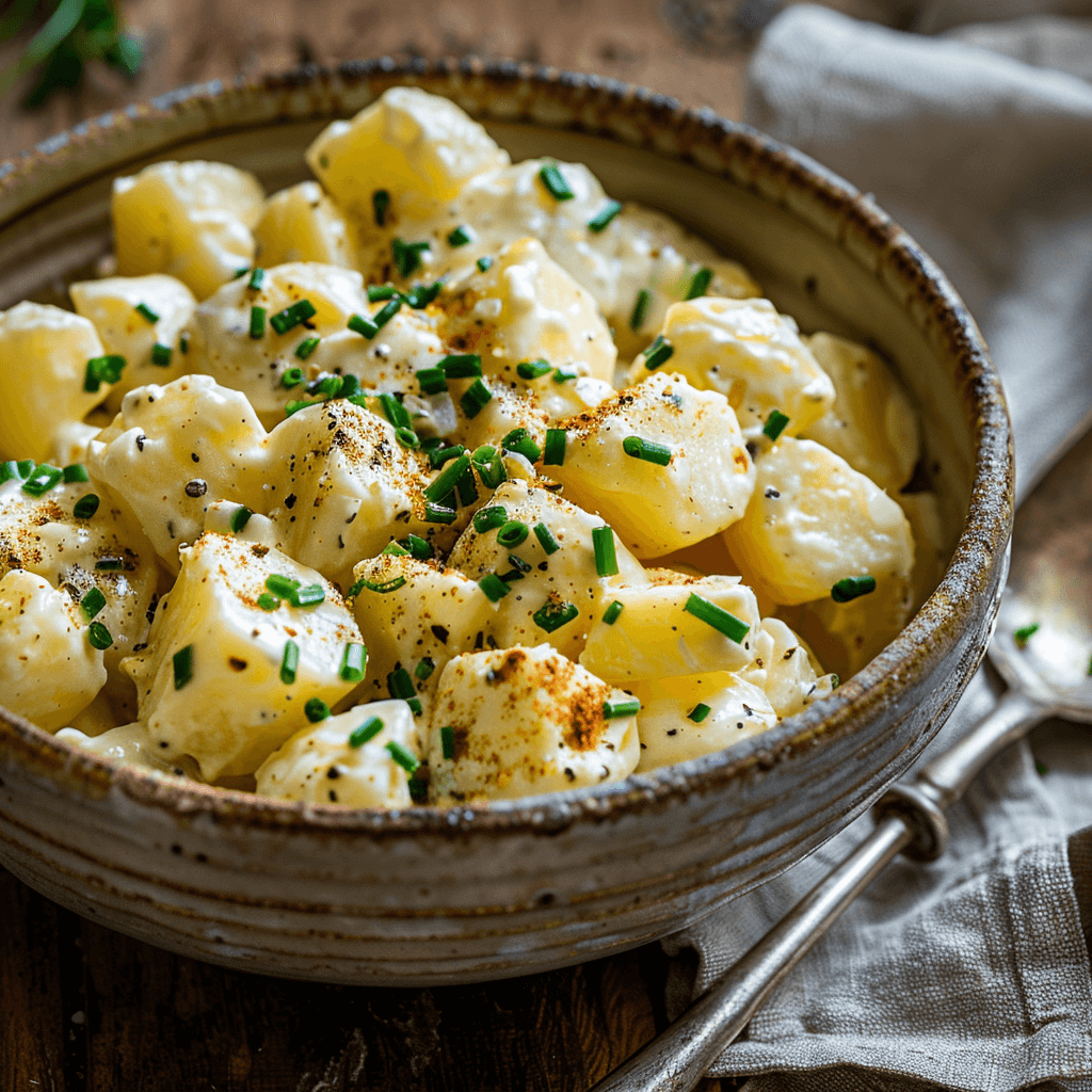 Close-up view of creamy potato salad garnished with paprika and fresh herbs