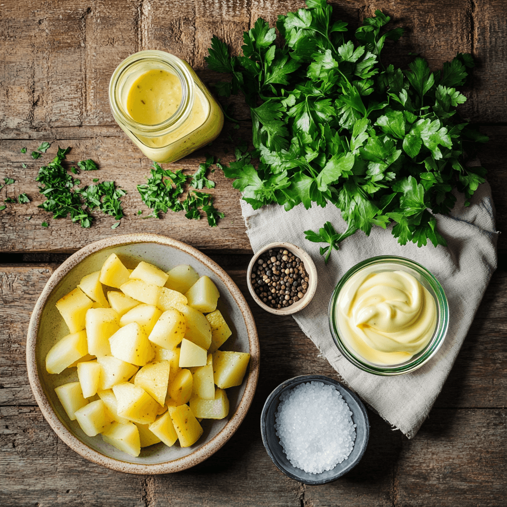 mixing boiled potatoes, herbs, and dressing
