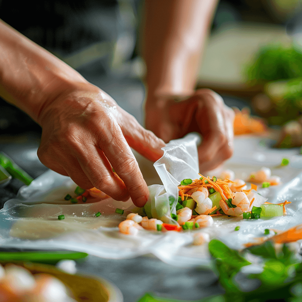 Hands wrapping rice paper dumplings with filling.
