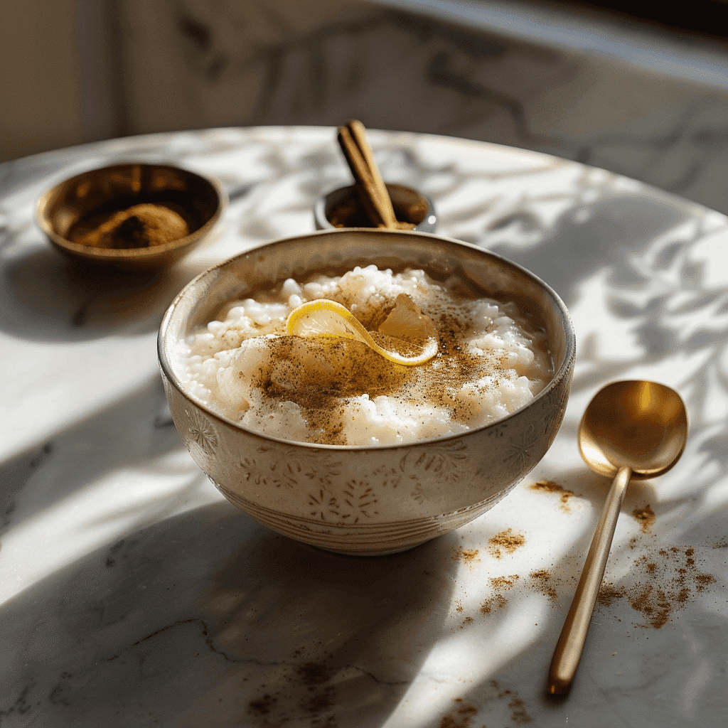 Elegant serving of rice pudding in dessert bowls with a sprinkle of cinnamon