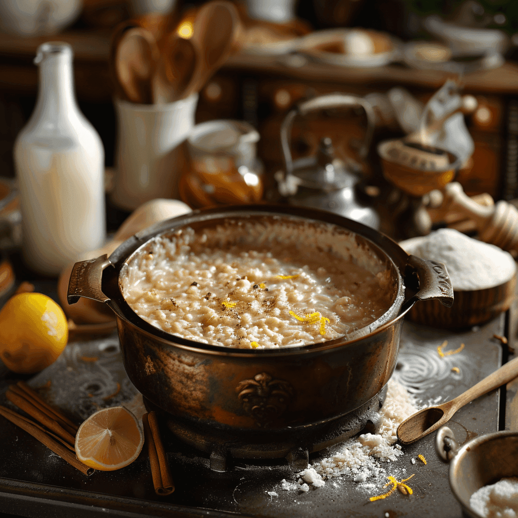 Rice and milk simmering in a heavy-bottomed saucepan