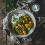 Homestyle Simple Chicken Curry served in a rustic bowl with steamed rice and fresh cilantro garnish