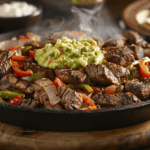 Sizzling homemade steak fajitas recipe ready to serve with toppings.
