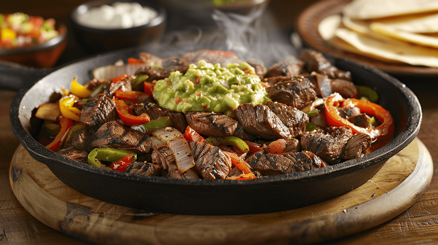 Sizzling homemade steak fajitas recipe ready to serve with toppings.