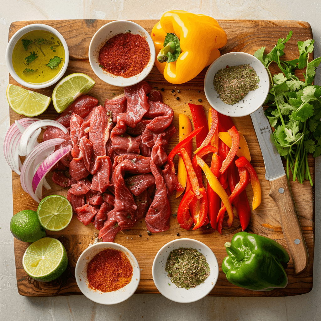Fresh ingredients for a homemade steak fajitas recipe including steak, peppers, onions, and spices.