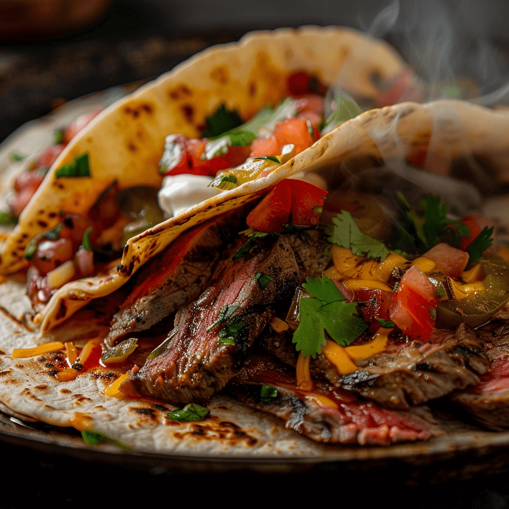 Close up of a delicious and fully assembled steak fajita recipe with toppings.