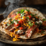 Close up of a delicious and fully assembled steak fajita recipe with toppings.