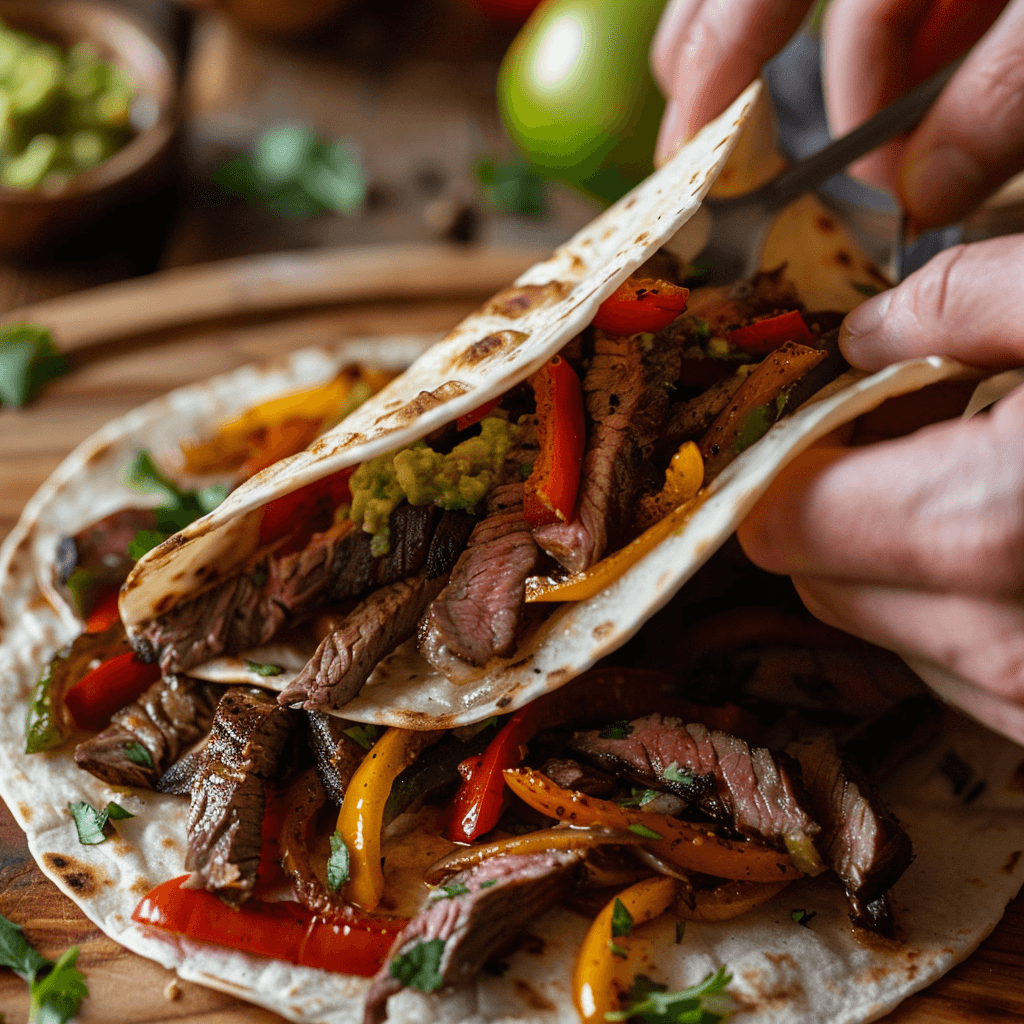 Assembling homemade steak fajitas recipe with tortillas and toppings.
