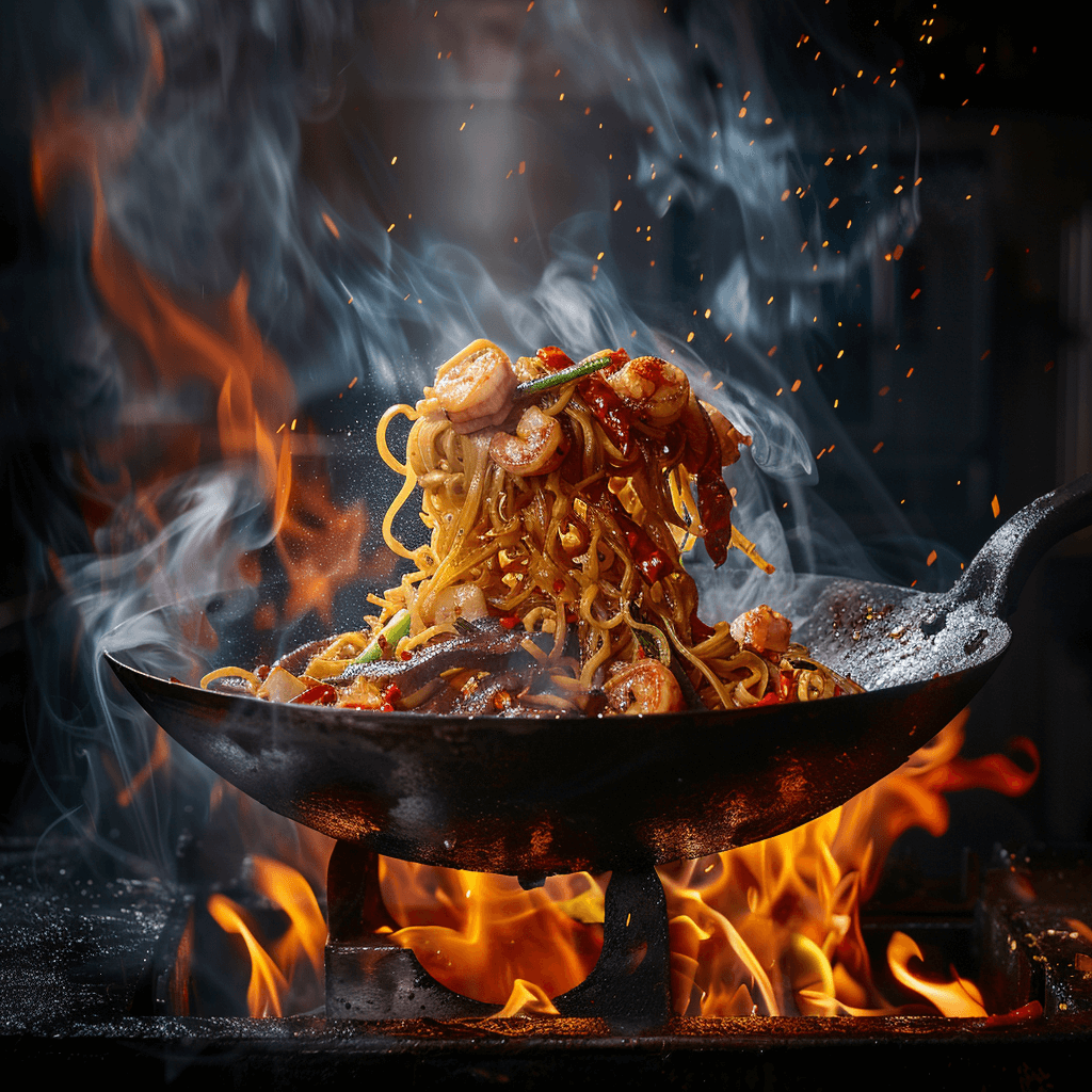 Action shot of Hokkien Noodles being stir-fried in a hot wok with flames, showing the noodles, shrimp, and vegetables being tossed vigorously.