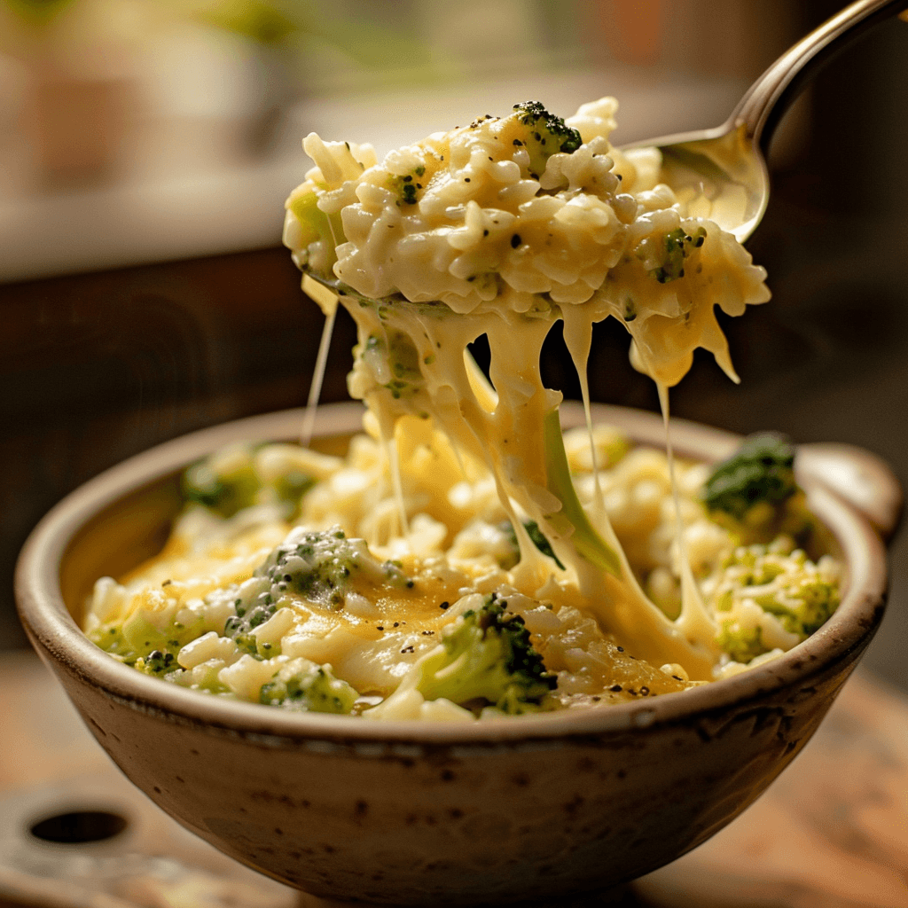 Chef stirring cheese sauce into rice and broccoli
