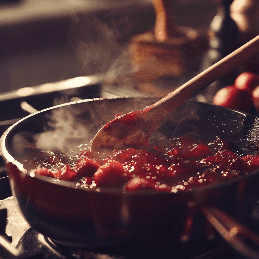 Cooking strawberry jam in a heavy-bottomed pot