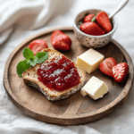 A rustic plate with toast, butter, Homemade Jell Strawberry Jam on a wooden table