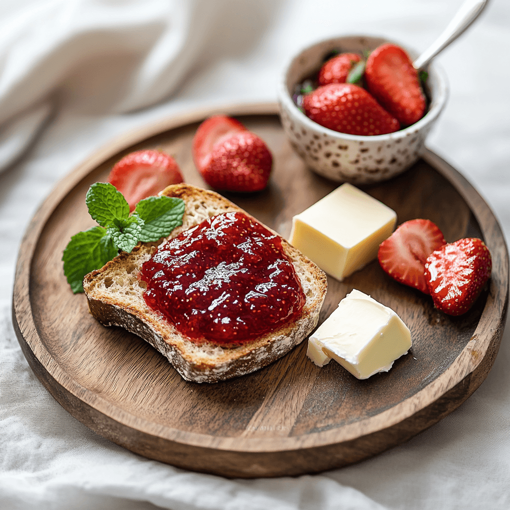 A rustic plate with toast, butter, Homemade Jell Strawberry Jam on a wooden table