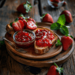 homemade Jell Strawberry Jam with a spoon on a wooden table