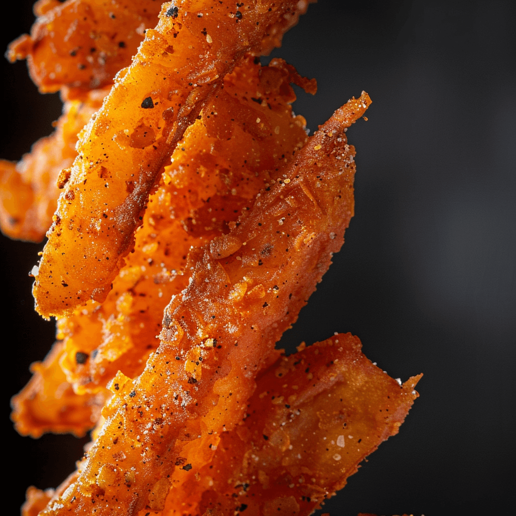 Detailed close-up of a single sweet potato fry showing its crispy exterior and soft interior.