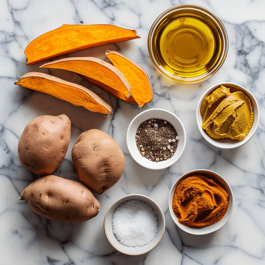 Flat lay of key ingredients for sweet potato fries and maple mustard sauce, including sweet potatoes, mustard, maple syrup, and spices.