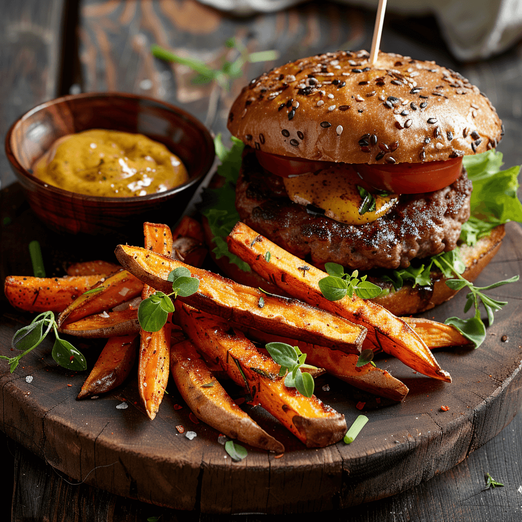 Sweet potato fries and maple mustard sauce served as a side with a juicy burger on a plate.