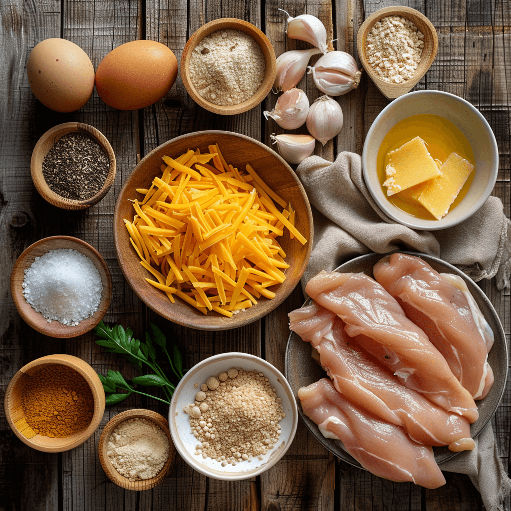 Ingredients for Chicken Cheese Fingers including chicken, cheddar cheese, flour, eggs, and breadcrumbs
