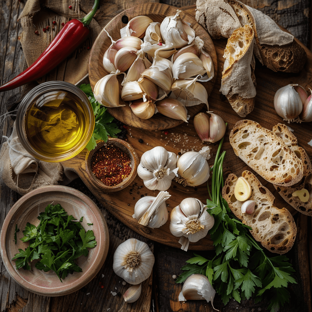 Flat lay of fresh garlic, smoked paprika, toasted bread, and olive oil on a rustic table