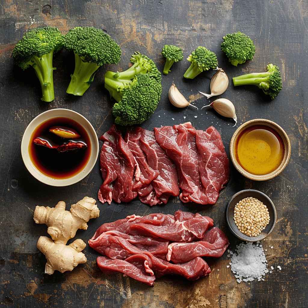 Fresh ingredients for Beef and Broccoli Stir Fry including beef, broccoli, garlic, and ginger
