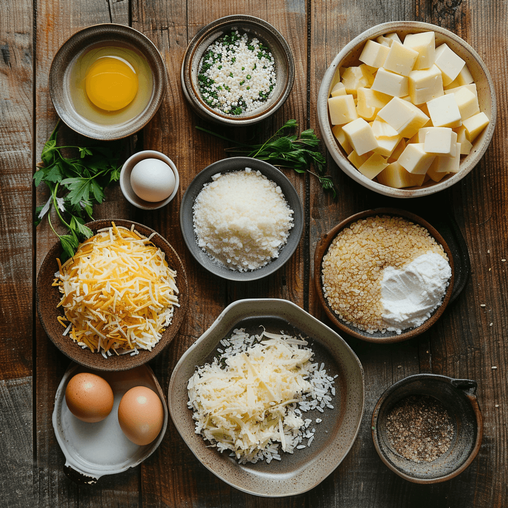 A beautifully arranged flat lay shot of fresh ingredients for making Cheesy Rice Balls