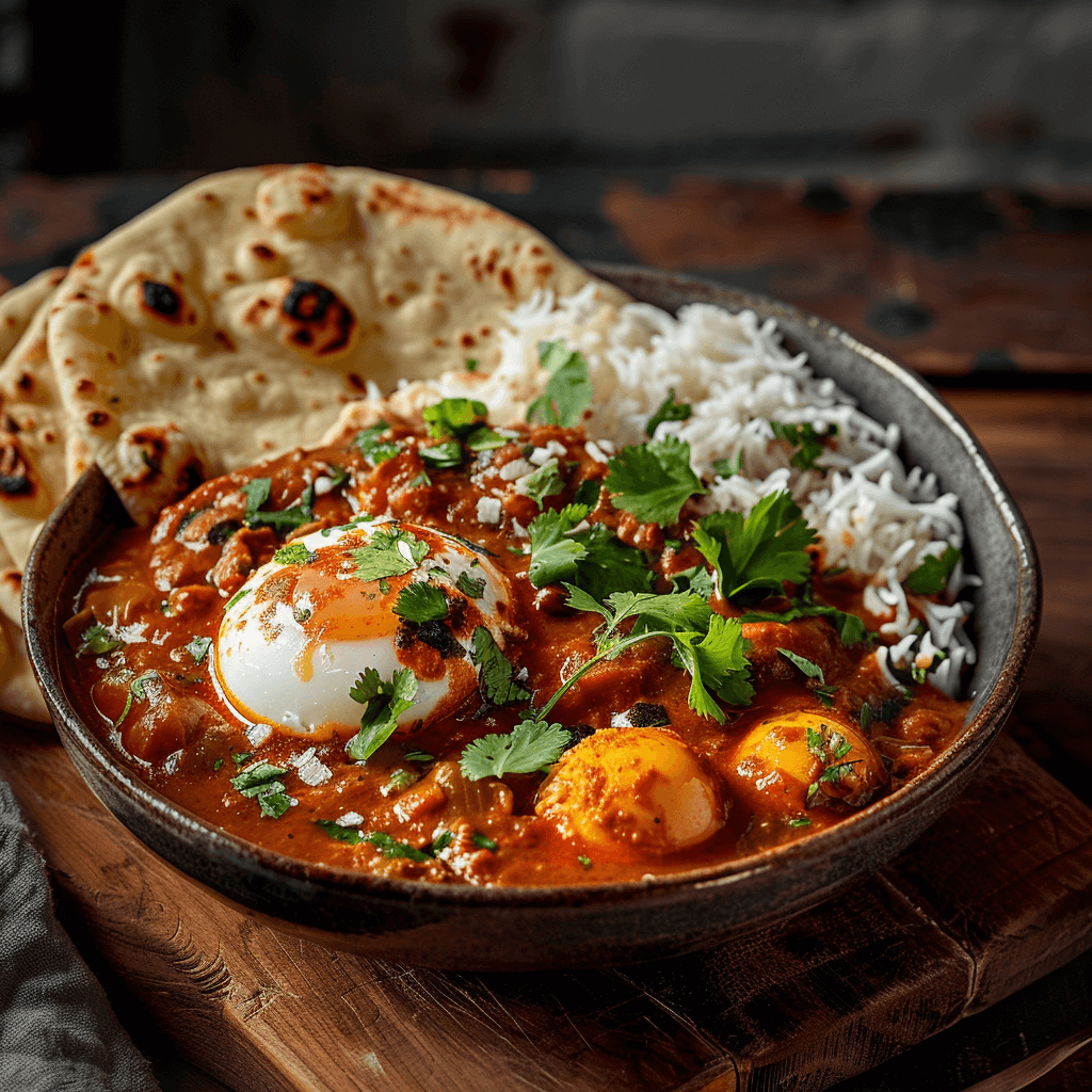 A beautifully plated Egg Masala Curry garnished with fresh coriander, served with steamed rice and naan
