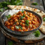 Plated Spicy Chickpea Curry garnished with fresh cilantro, served with rice and naan.