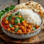 Plated Spicy Chickpea Curry garnished with fresh cilantro, served with rice and naan.