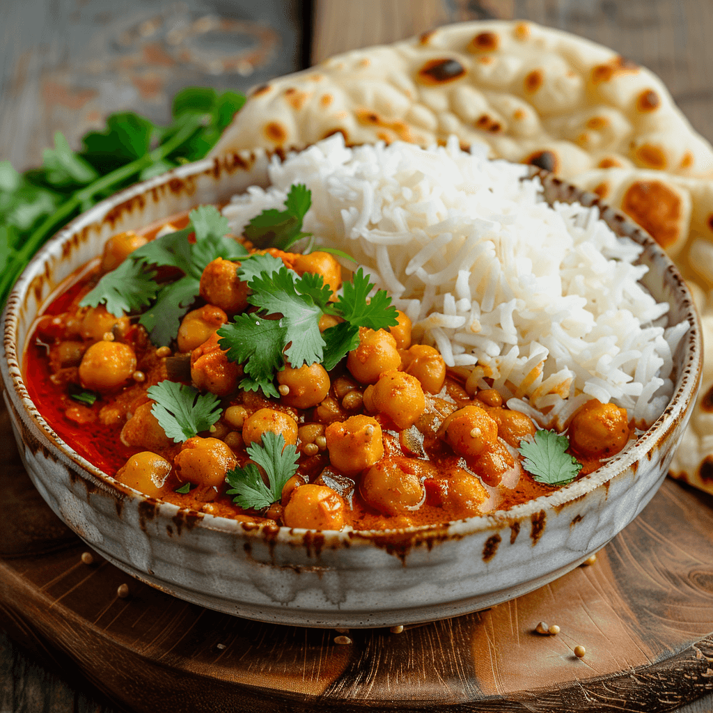 Plated Spicy Chickpea Curry garnished with fresh cilantro, served with rice and naan.