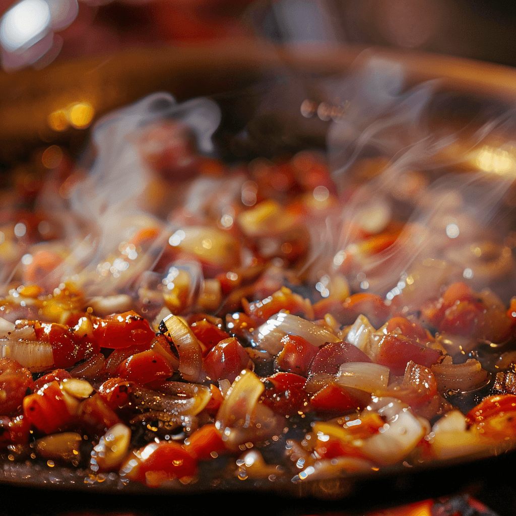 A chef stirring onions and tomatoes in a sizzling pan during the curry preparation