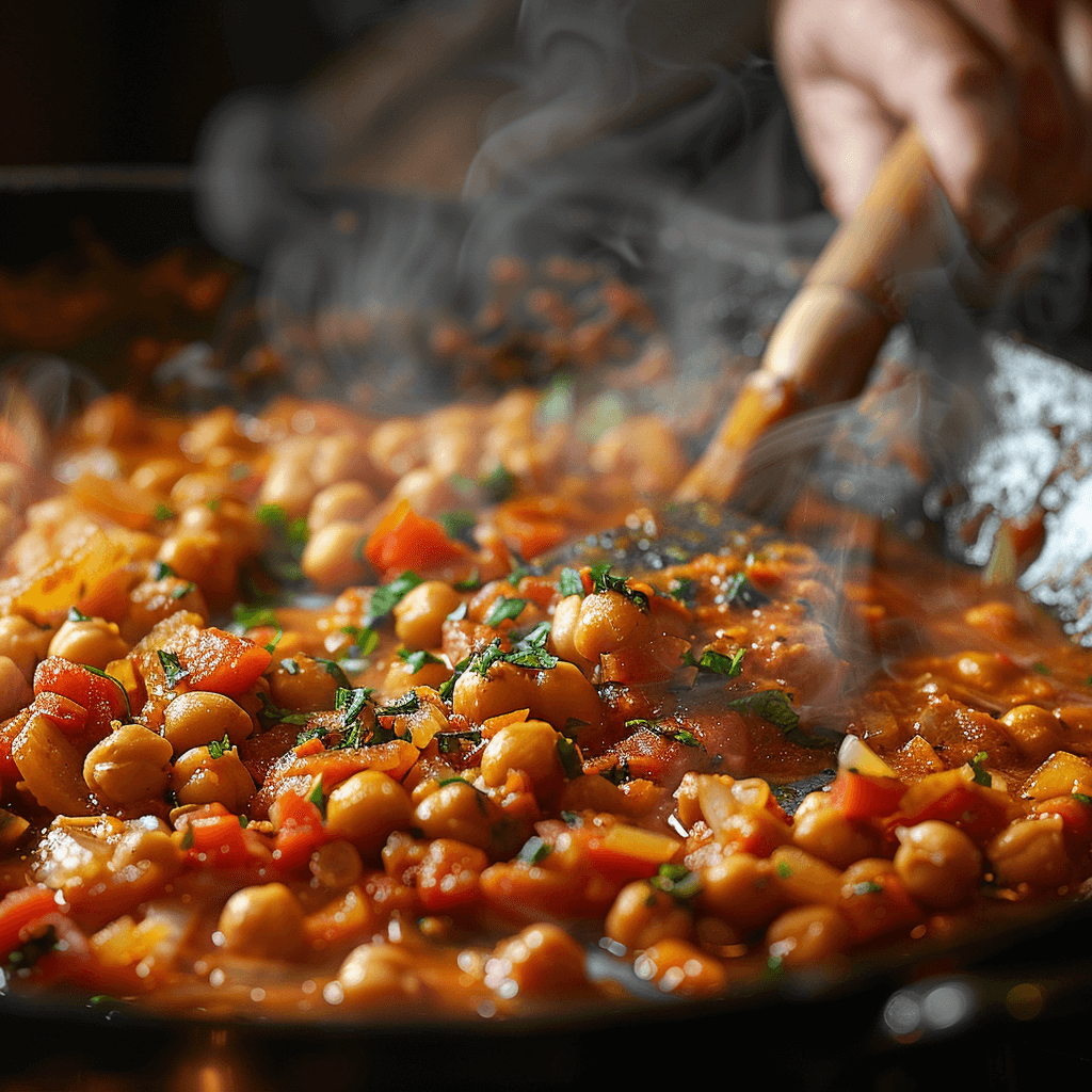 Chef stirring Spicy Chickpea Curry in a large pan with visible spices and vegetables.