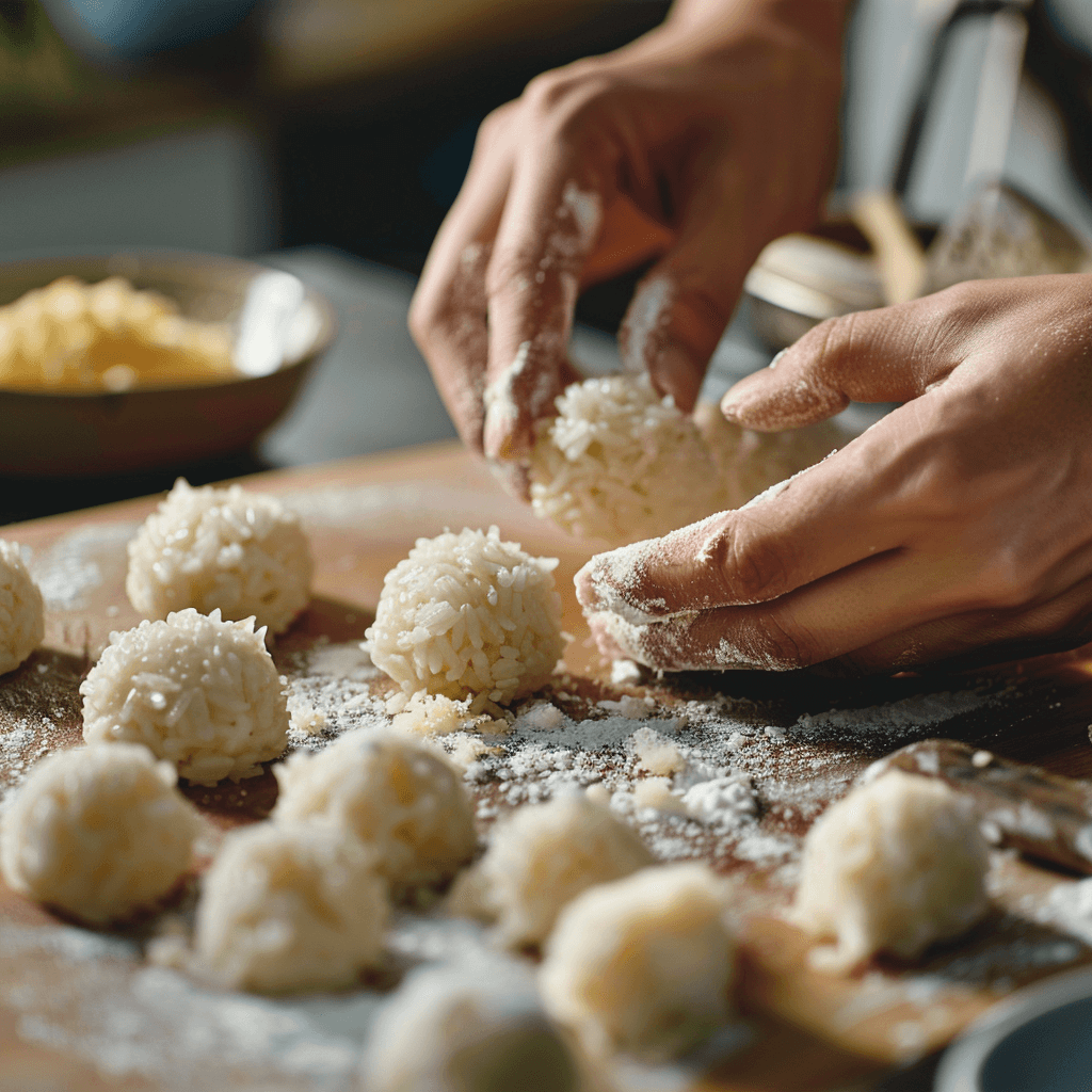 Hands shaping Cheesy Rice Balls into uniform, bite-sized rounds on a clean surface.