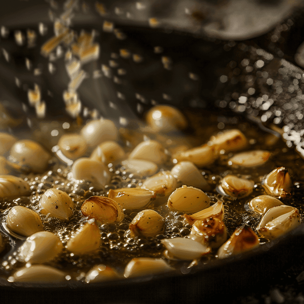 Sautéed garlic cloves sizzling in olive oil in a pan