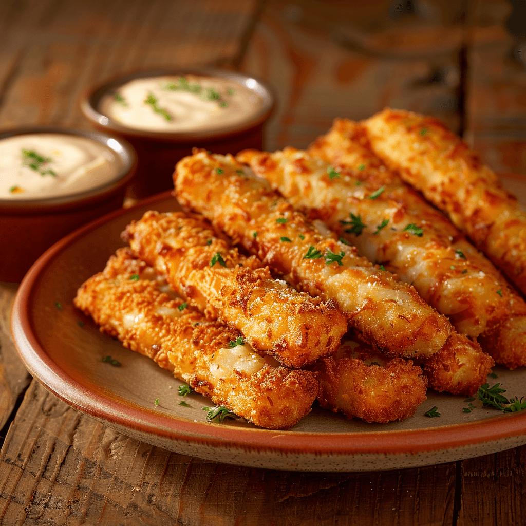 Close-up of crispy Chicken Cheese Fingers served on a plate with dipping sauces